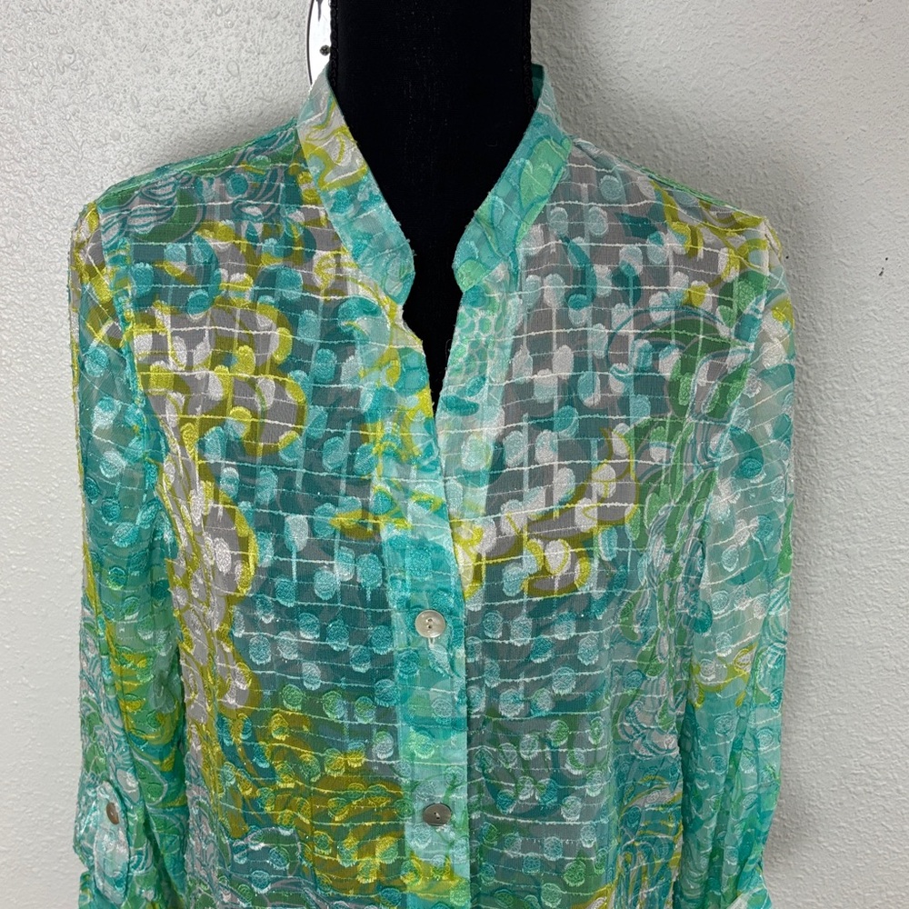 NWT Ruby Rd Aqua Green Abstract Print Button Up Blouse Size 8 - Picture 3 of 9